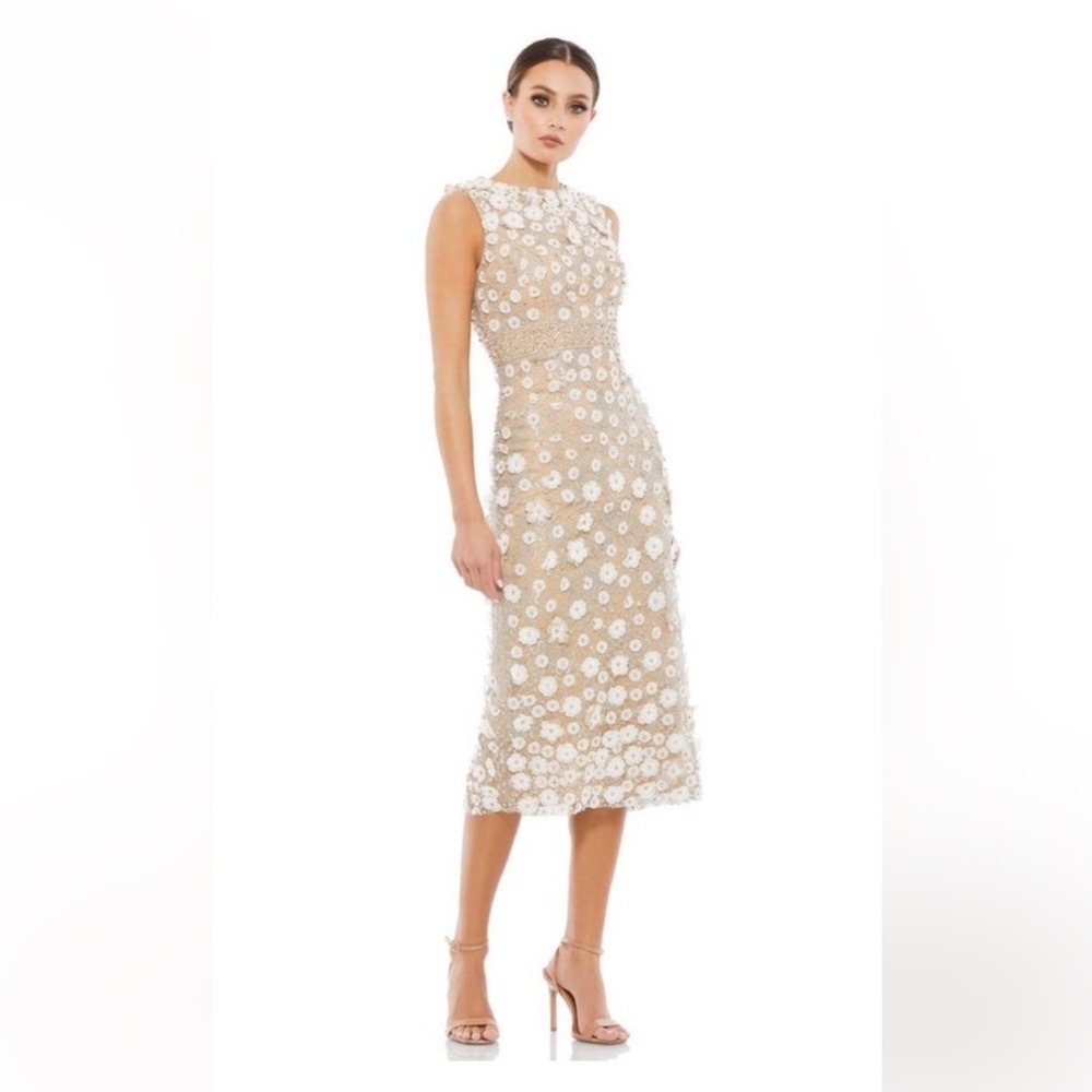 Mac‎ Duggal 3D Floral Embroidered Mesh overlay Sleeveless Midi in Ivory/Nude